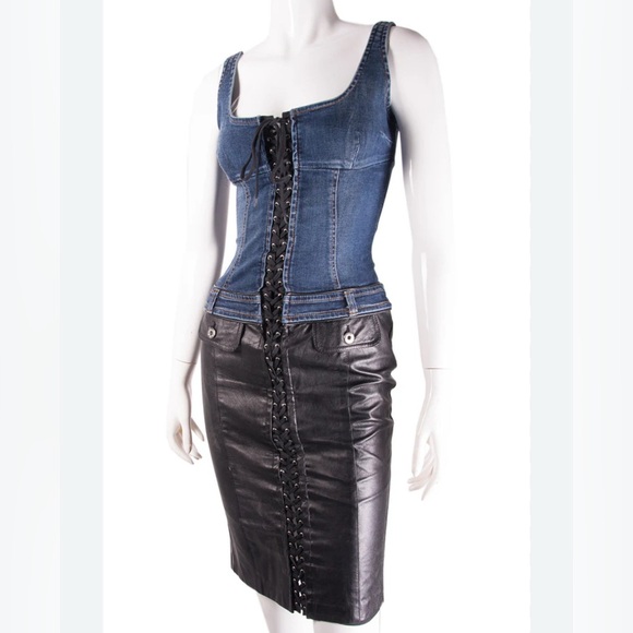 D&G Dresses & Skirts - Vintage 90’s D&G Blue Denim and Black Leather Dress